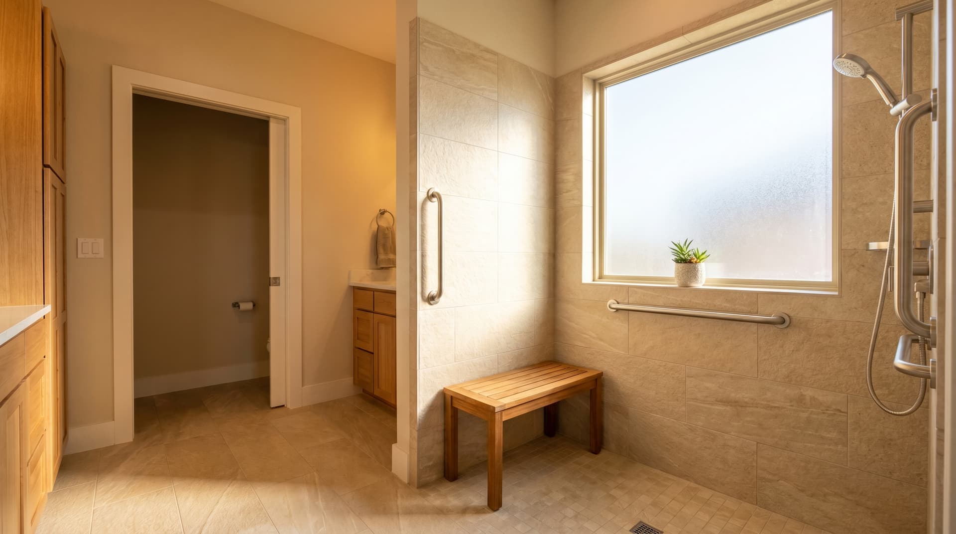 A bright, modern accessible bathroom with a curbless walk-in shower, teak bench, and grab bars in an Austin-area home