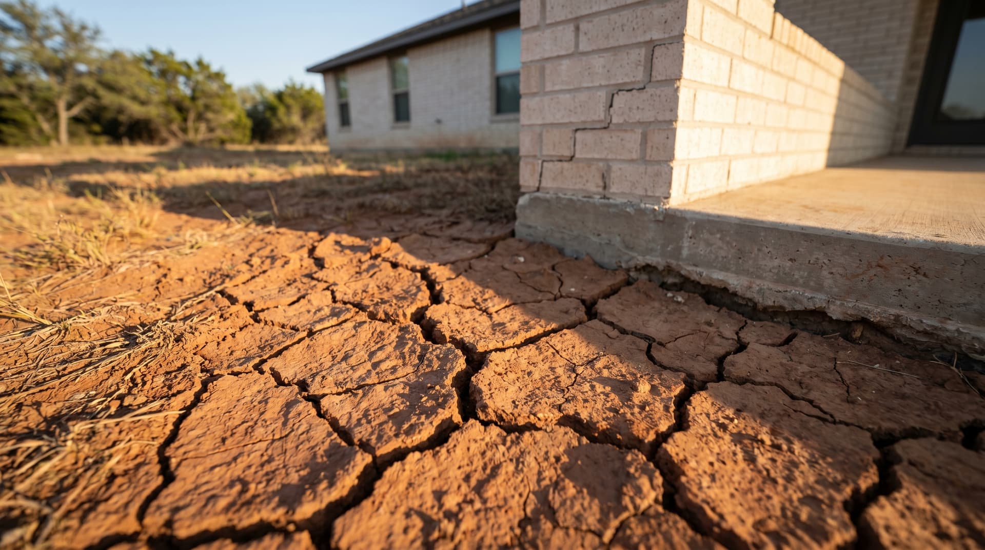 Cracked expansive clay soil pulling away from the slab foundation of an Austin home