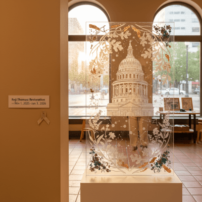 Austin insider's guide to Reji Thomas' "Restoration" at Old Bakery & Emporium: Veterans Month spotlight, glass secrets, and how to see it best