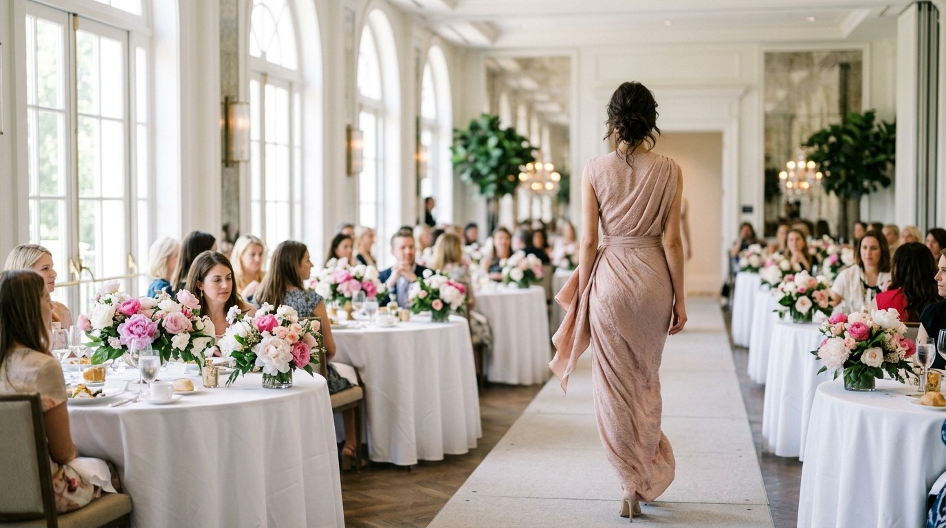 A model walks the runway between luncheon tables at a couture-inspired fashion show