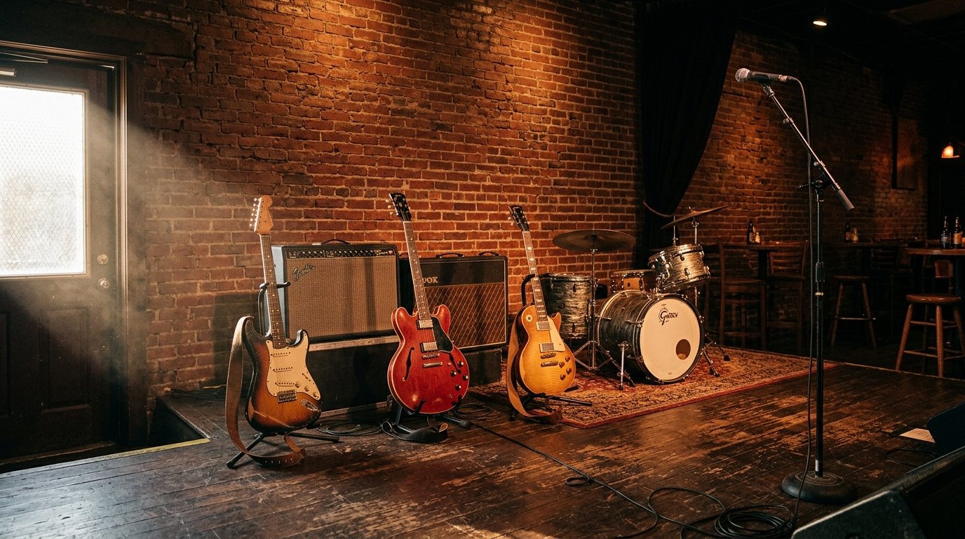 Empty stage inside an Austin blues club, guitars and a drum kit waiting in morning light before the tour crowd arrives