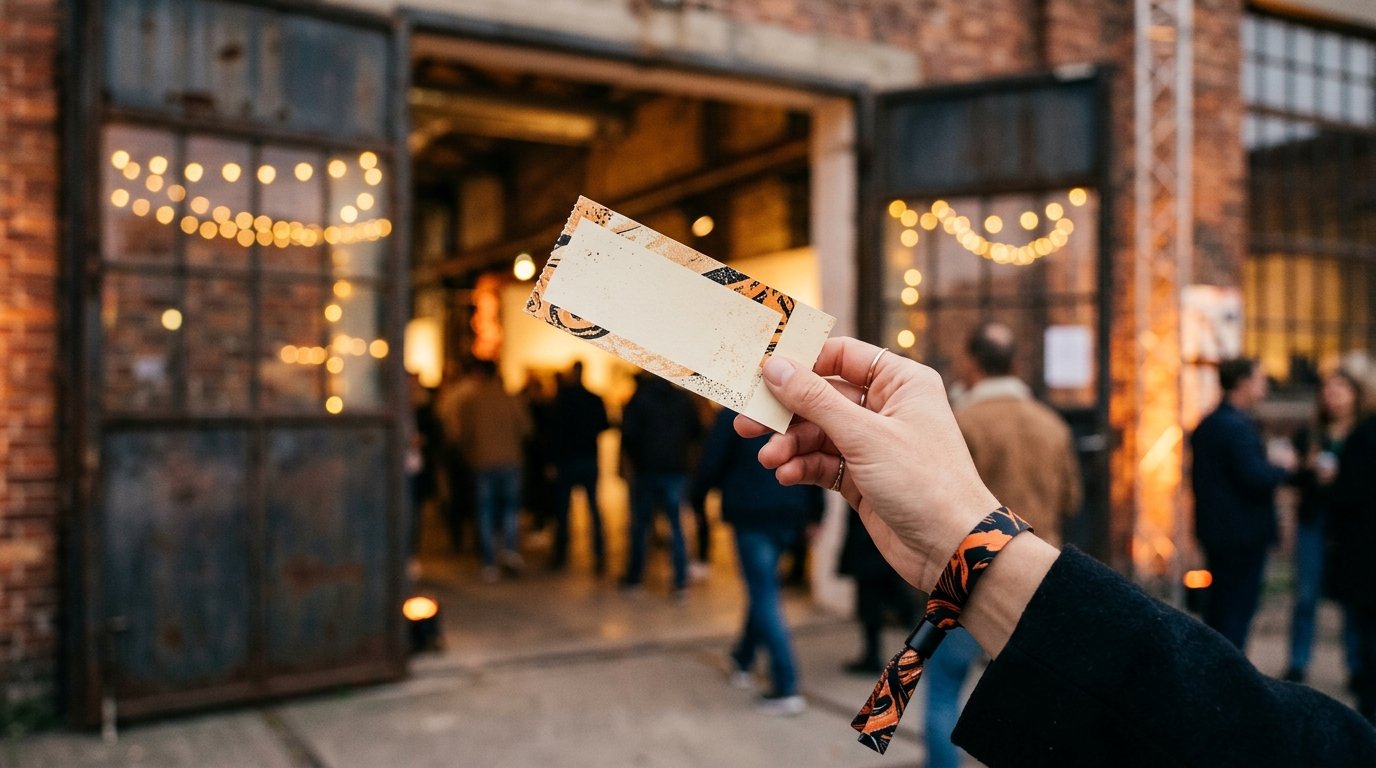 A rounded pill of tickets and a wristband on a table in front of a warehouse-style gallery entrance