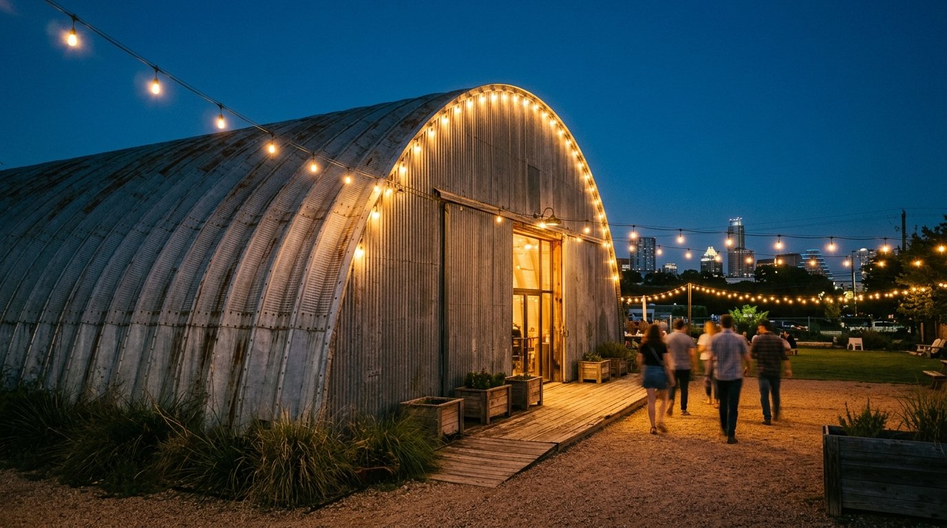 The curved metal roofline of Fair Market's Quonset-hut warehouse in East Austin at blue hour