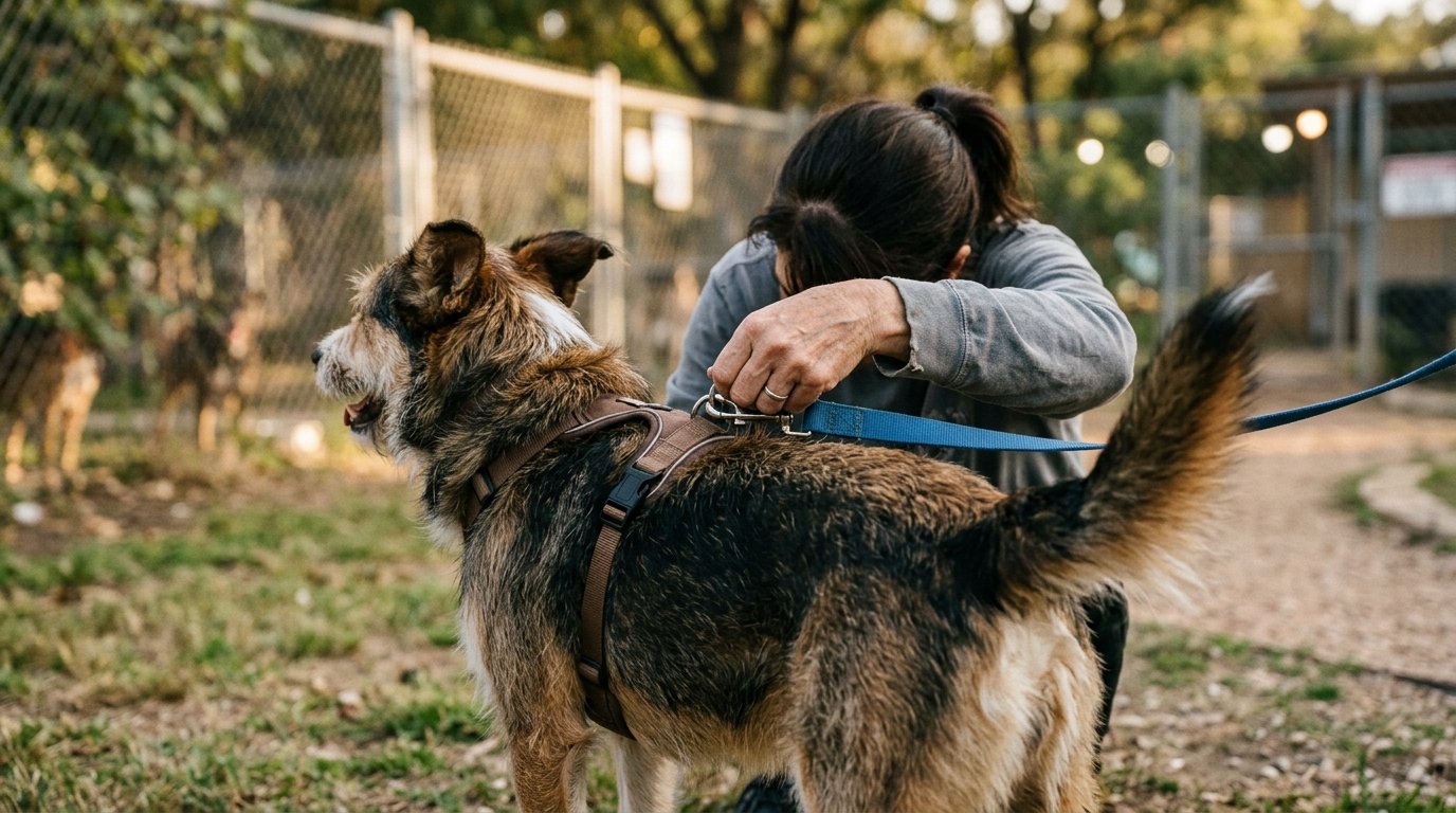 A dog gets clipped into a leash at an Austin shelter in early evening light
