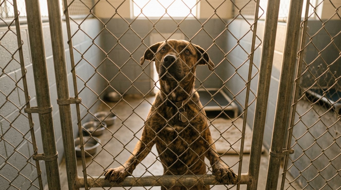 A shelter dog looks through a chain-link kennel gate in warm afternoon light at an Austin animal shelter