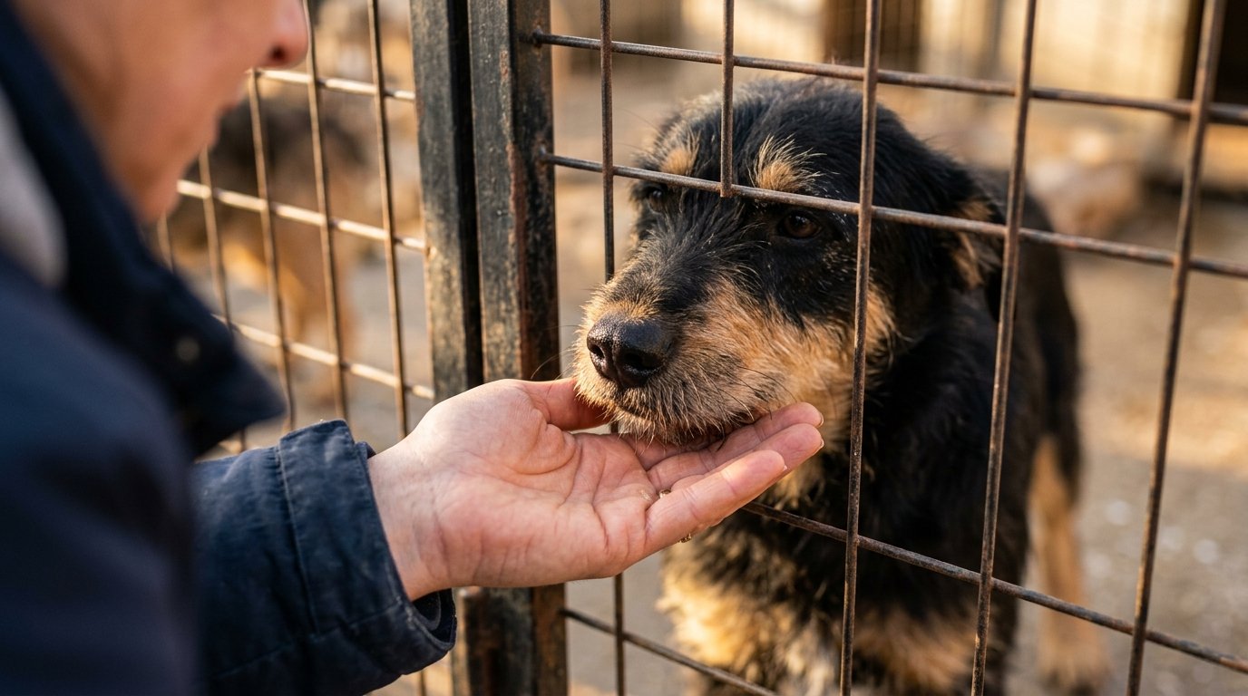 A volunteer gently offers a hand to a shelter dog through a kennel gate