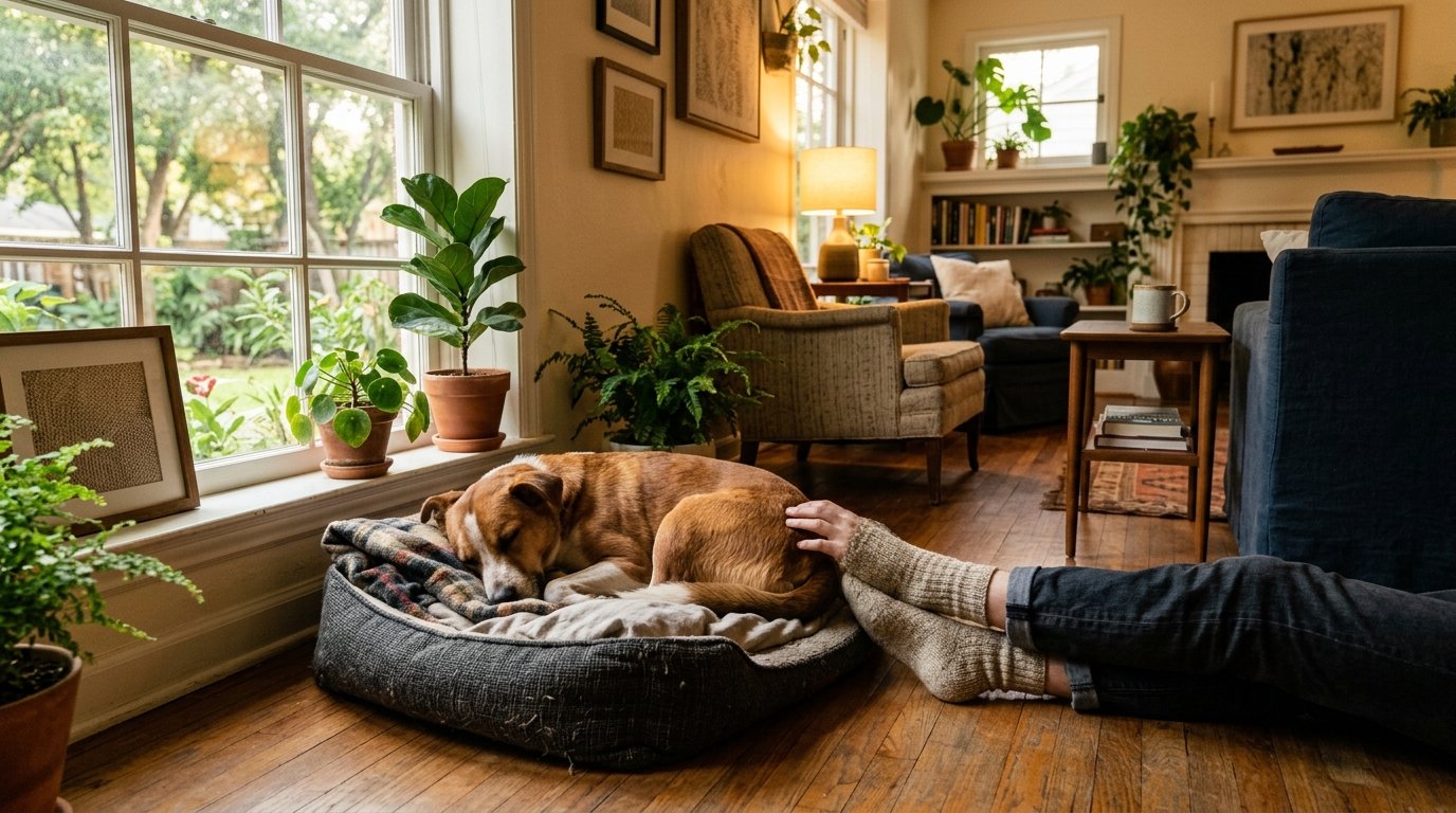 A foster dog curled up on a bed in a cozy Austin living room, someone's hand resting on its back