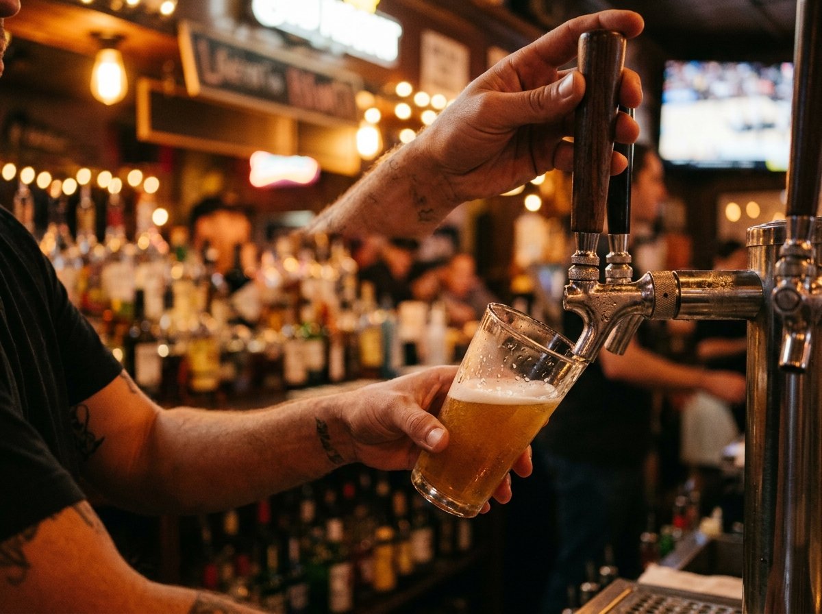 Close-up of a bartender pouring a draft beer at a busy Austin bar