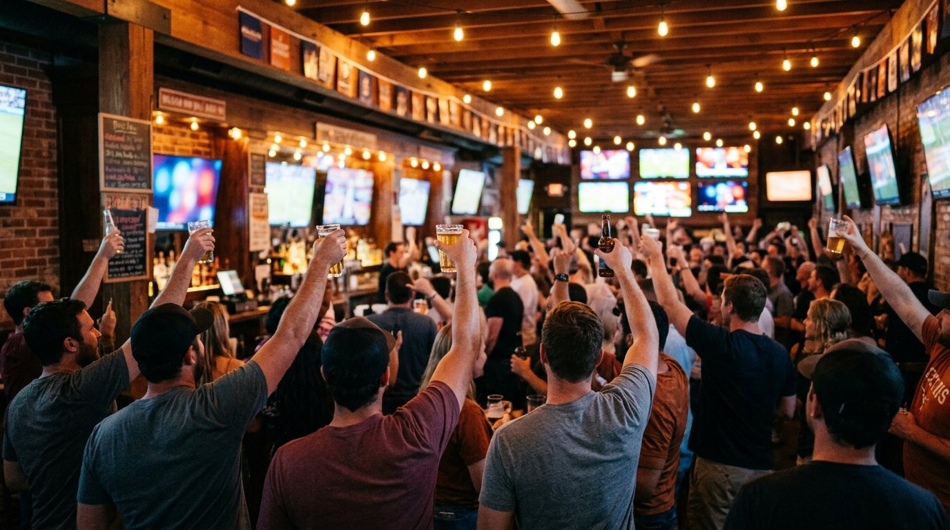 Packed sports-bar crowd in Austin cheering with drinks raised beneath a wall of glowing TV screens