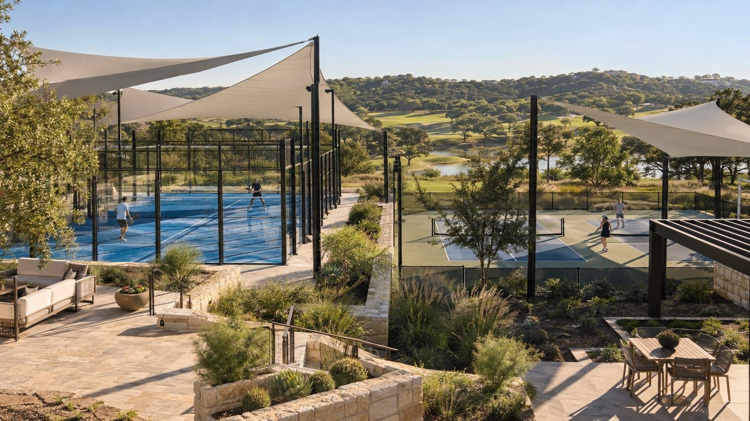 New padel and pickleball courts under white sail-shade canopies overlook a golf course and hill country in bright daylight