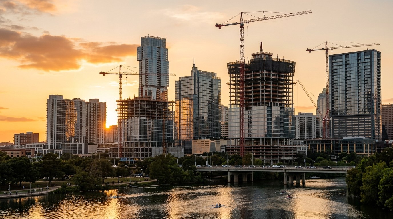 Downtown Austin skyline at golden hour with construction cranes rising over Lady Bird Lake