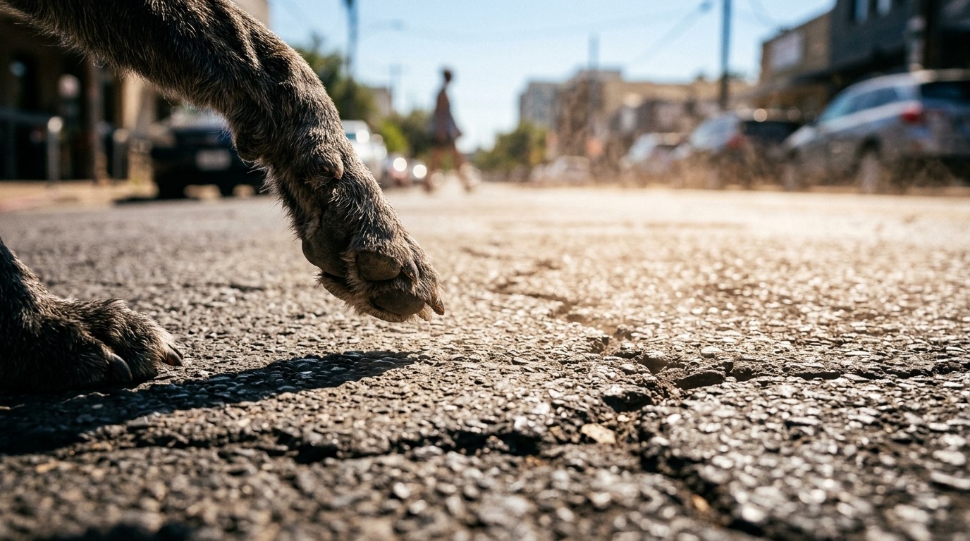 A dog's paw lifted above cracked, sun-baked asphalt on an Austin street