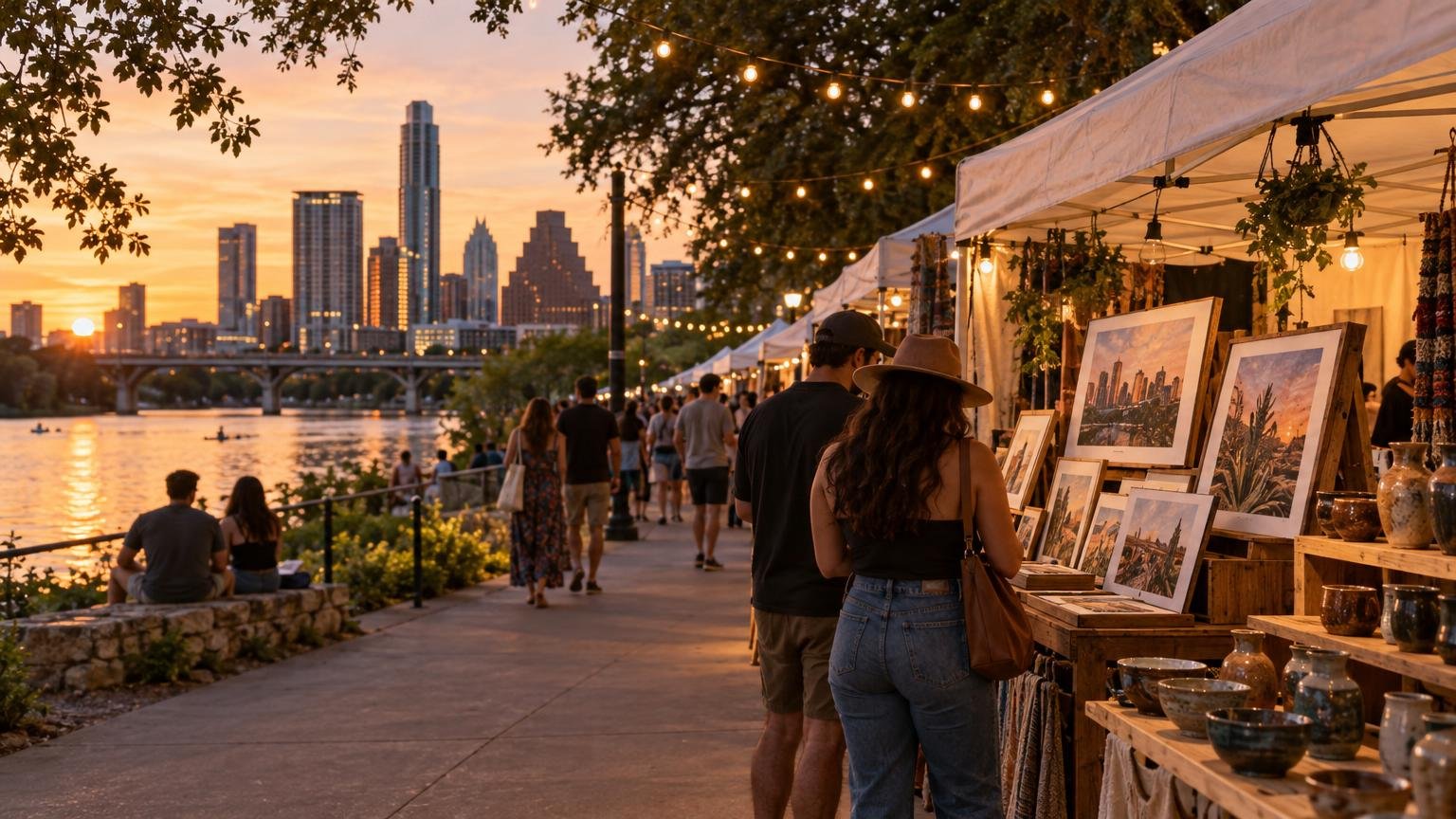 An open-air artist market with string lights and a crowd browsing prints at dusk on Rainey Street