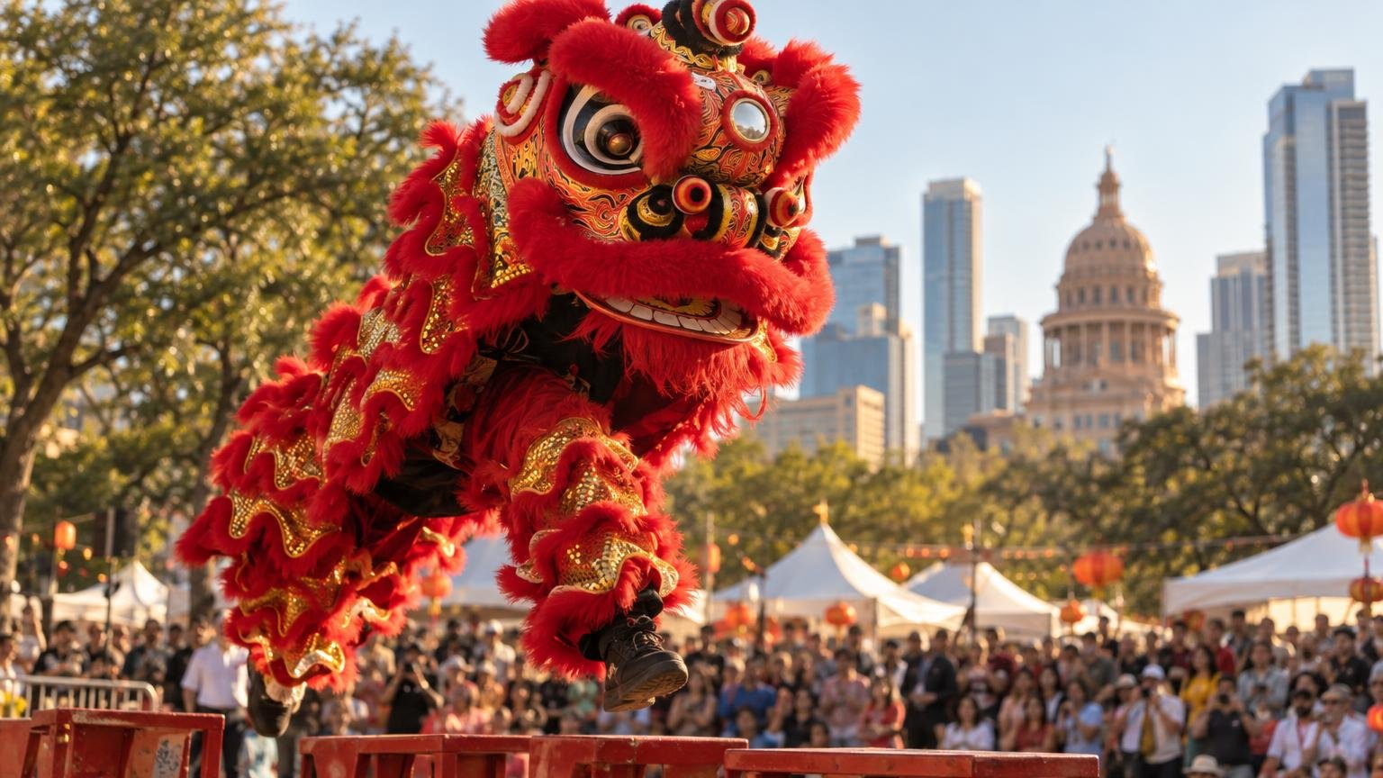 A lion dance performer mid-leap in red and gold at an outdoor Austin festival stage, morning light