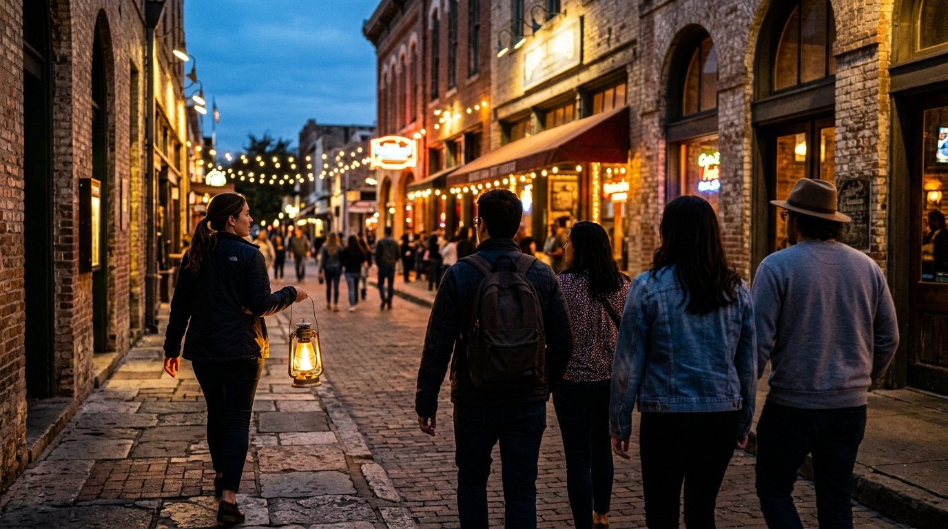 A guide holding a lantern leads a small group down a lit downtown Austin street at dusk
