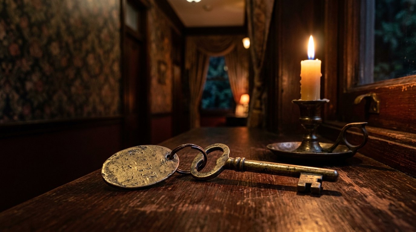An antique brass room key and a lit candle in a dim hotel hallway, evoking the Driskill's Room 525 legend