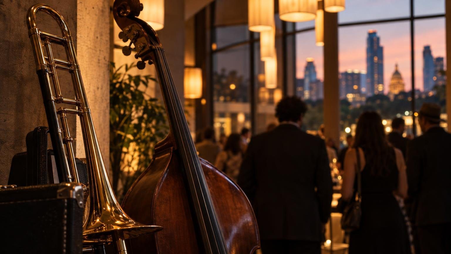 A trombone slide and upright bass in a warm theater lobby before an evening show (AI illustration)