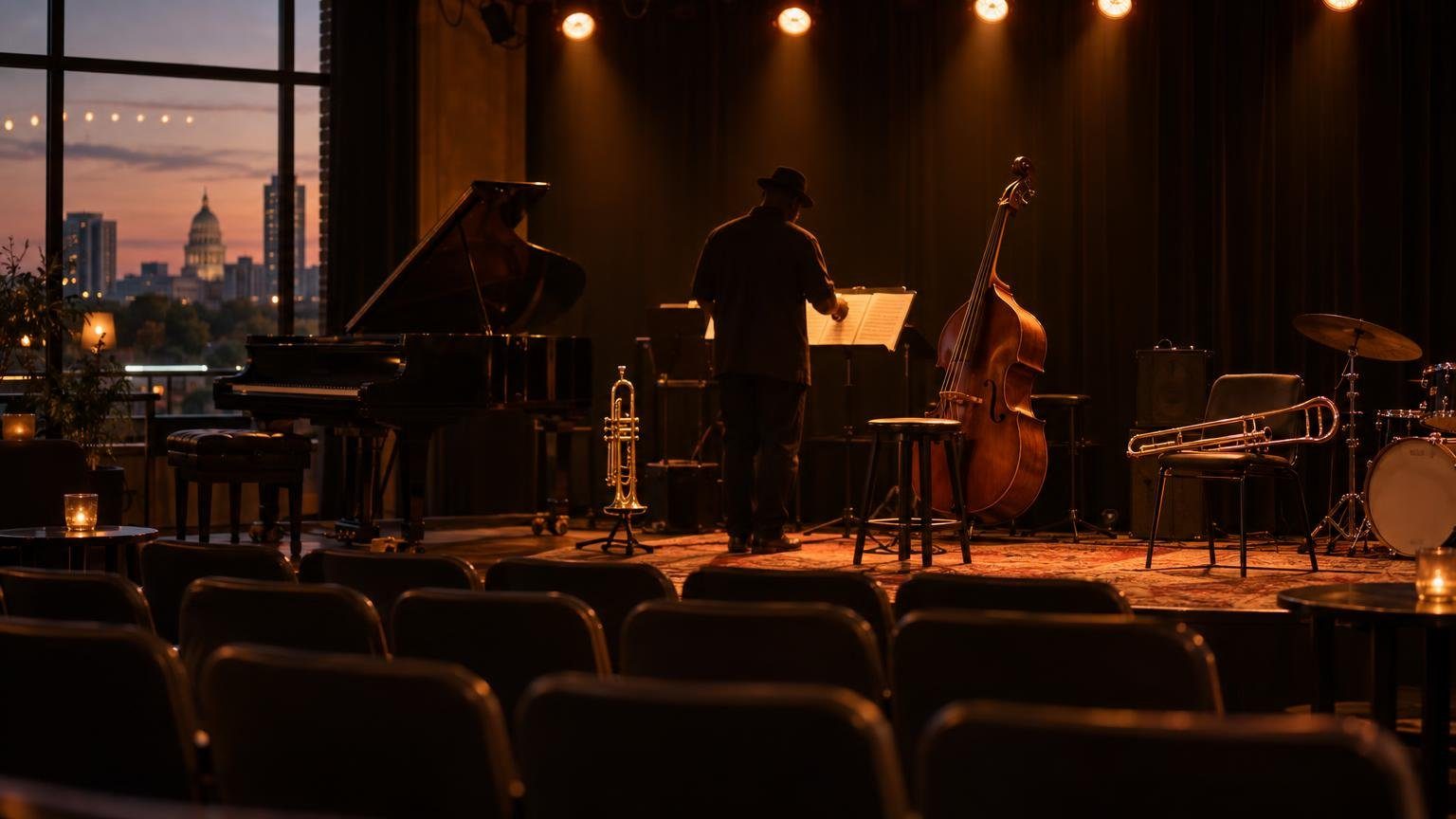 An empty small theater at dusk with an upright bass, trumpet, trombone and grand piano waiting on stage (AI illustration, not the Rollins Studio Theatre)