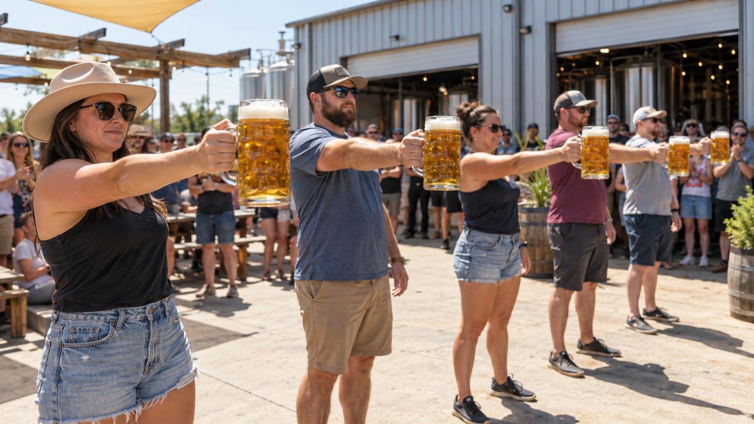 Stein-hoisting contest at a Texas craft brewery, arms extended holding full beer steins