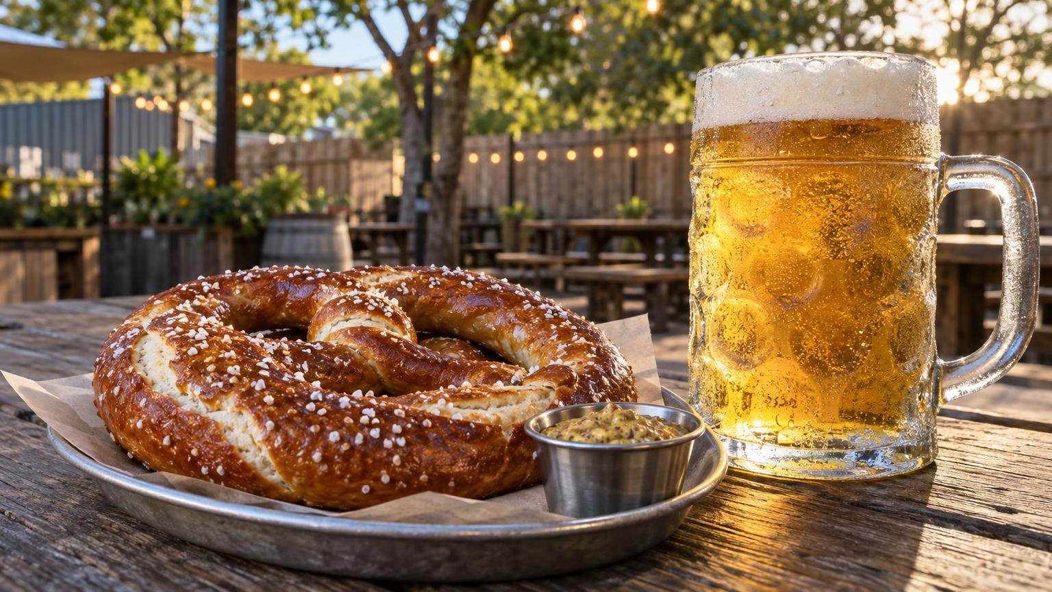 A giant soft pretzel with mustard next to a frosty beer stein on a wooden picnic table at a Texas beer garden