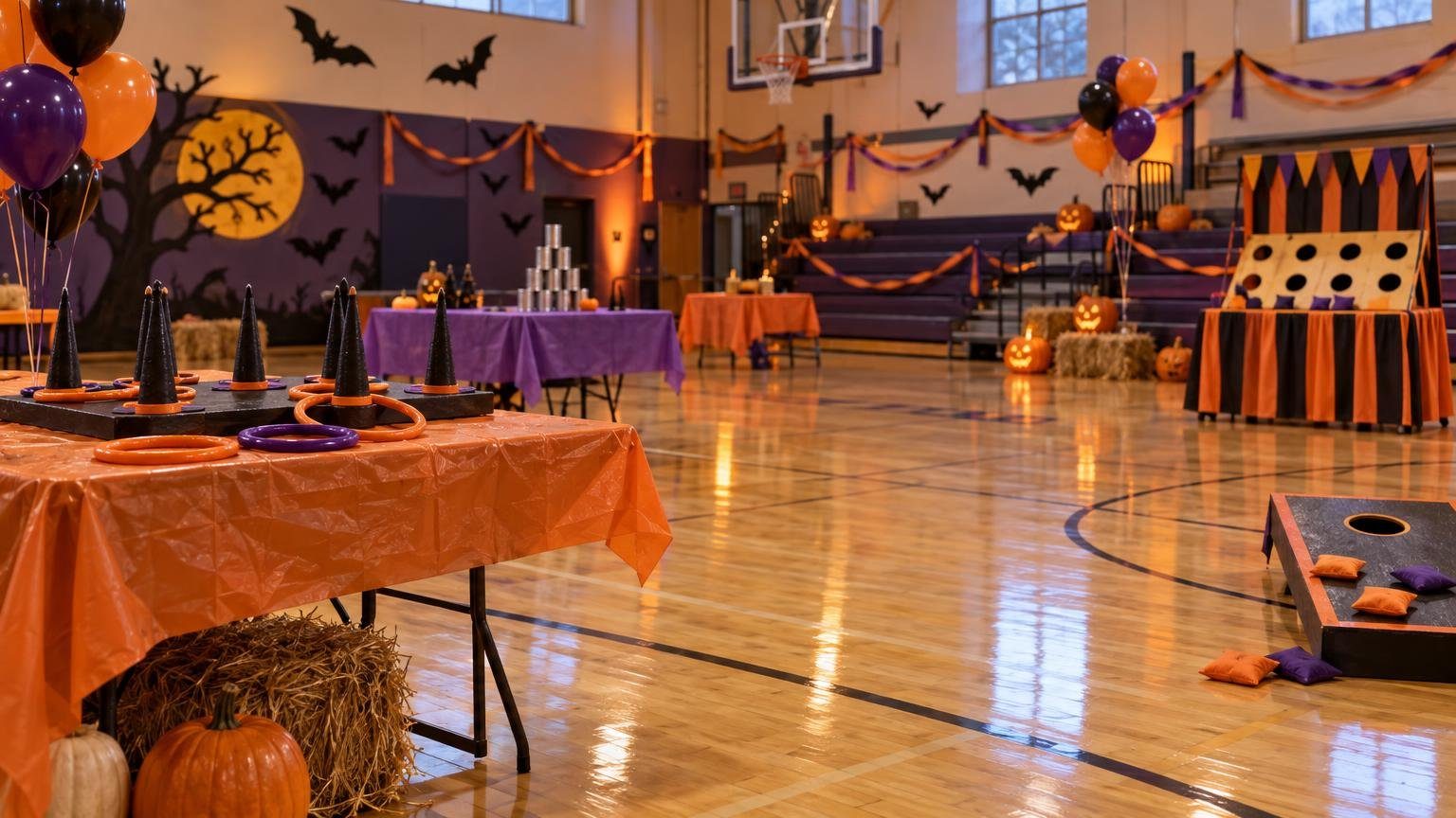 A recreation center gym dressed for Halloween with ring toss and bean bag tables in an AI-generated illustration