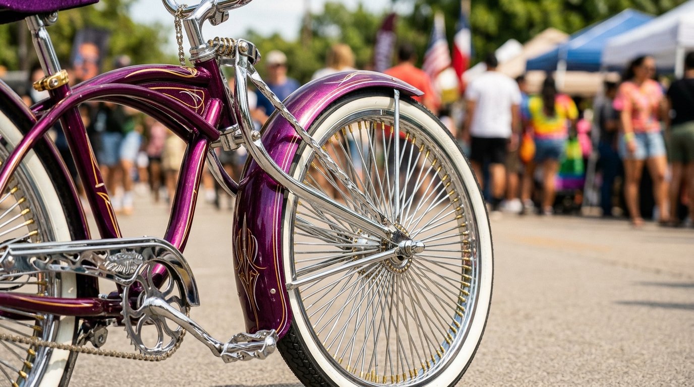 Chrome-spoked custom lowrider bicycle on display at an Austin bike festival, crowd blurred in the background
