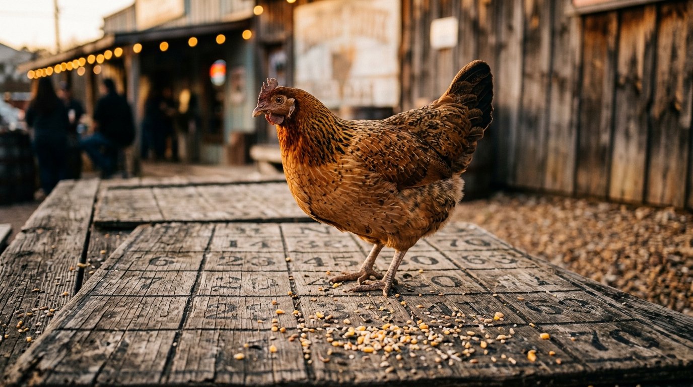 A hen stands on the numbered bingo board, pecking at scattered feed, outside the Little Longhorn Saloon