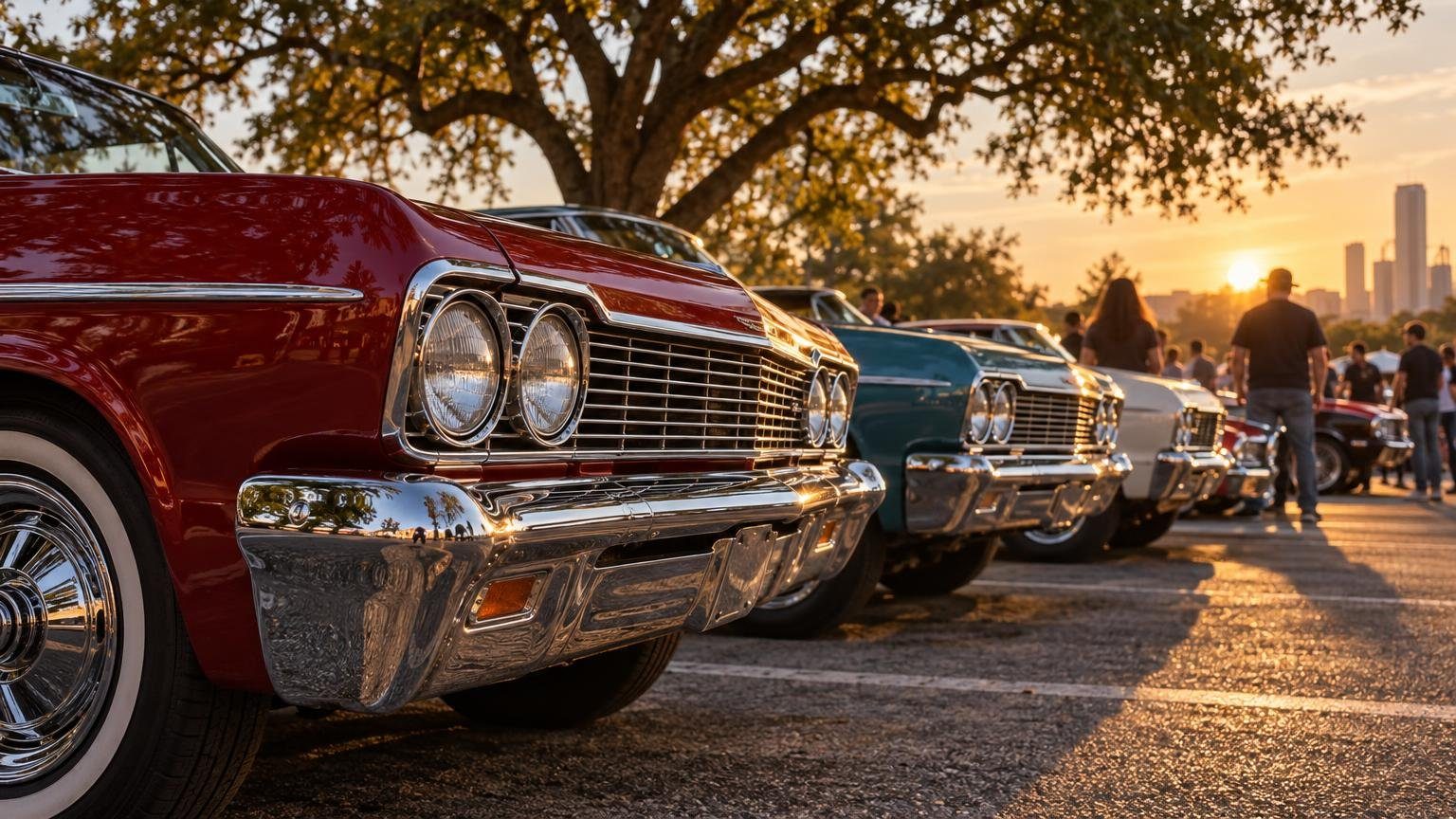 Row of polished 1960s American classic cars parked at golden hour (AI-generated illustration)