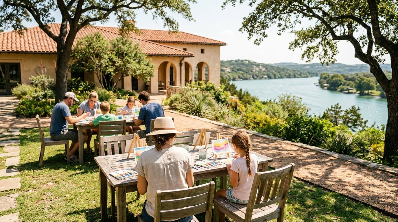 Visitors try plein air watercolor postcard painting on the lawn at Laguna Gloria