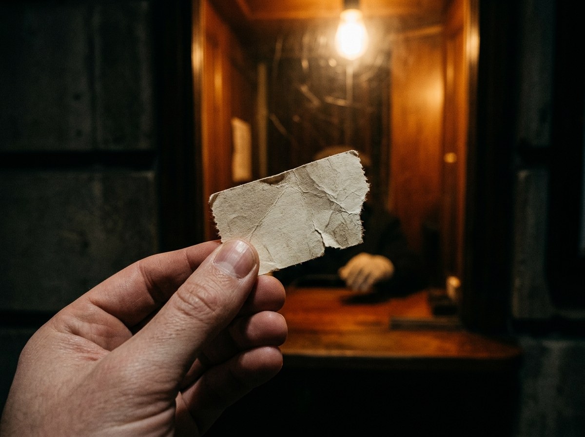 A torn paper ticket stub held up at a dimly lit box office window