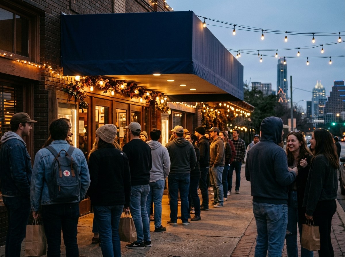 A line forms outside a movie theater entrance at dusk with the downtown Austin skyline behind it