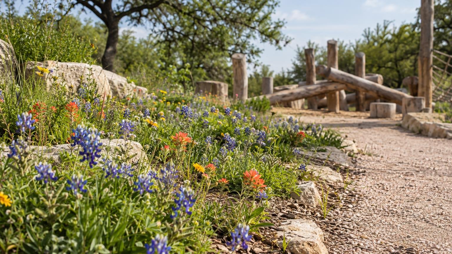 A wildflower meadow beside a gravel trail with a wooden nature-play structure in soft focus (AI-generated illustration, not the actual park)