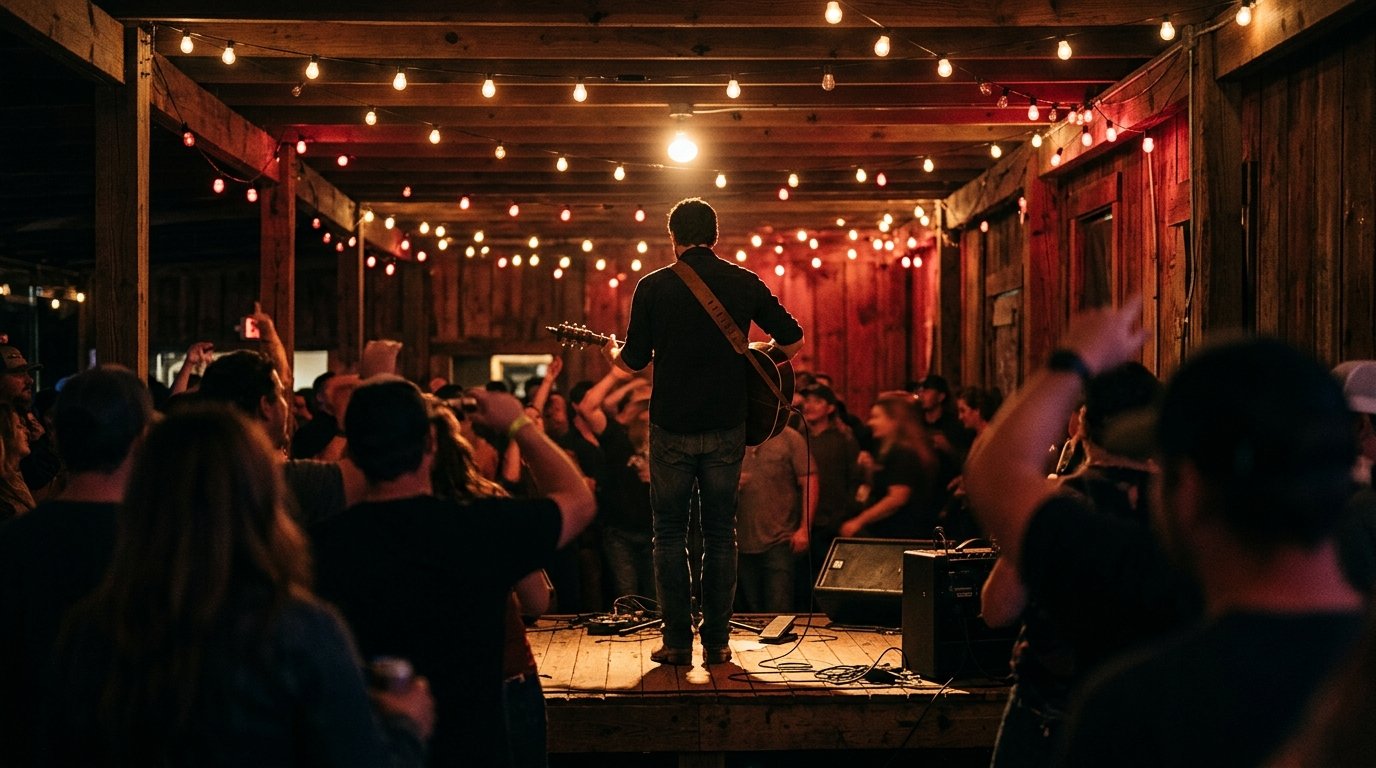 A lone guitarist plays a small, string-lit Texas dive bar stage at night, the kind of room where this career started