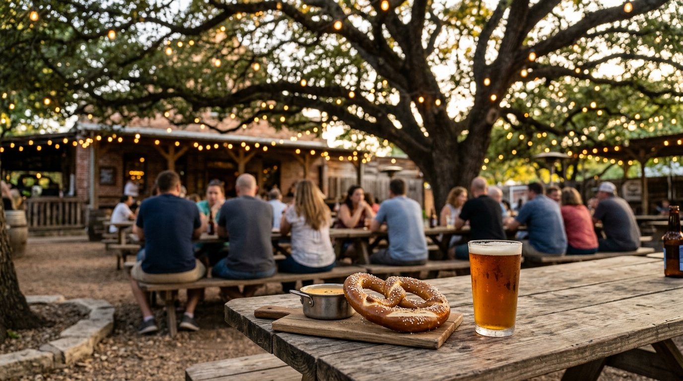 A shaded historic Texas beer garden patio under oak trees with string lights, a soft pretzel and beer on the table