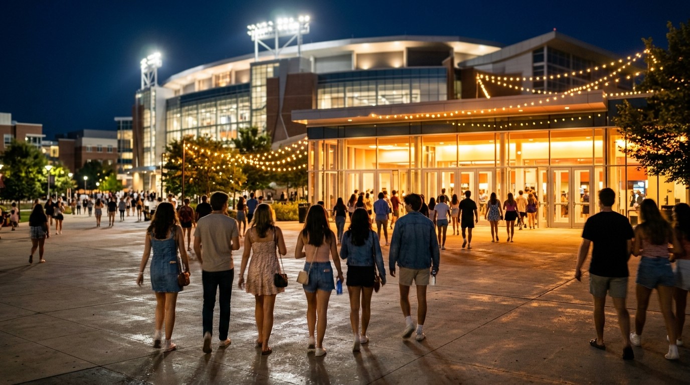 Concertgoers arriving at a lit arena entrance plaza at night, illustrating tonight's Austin venue crowds