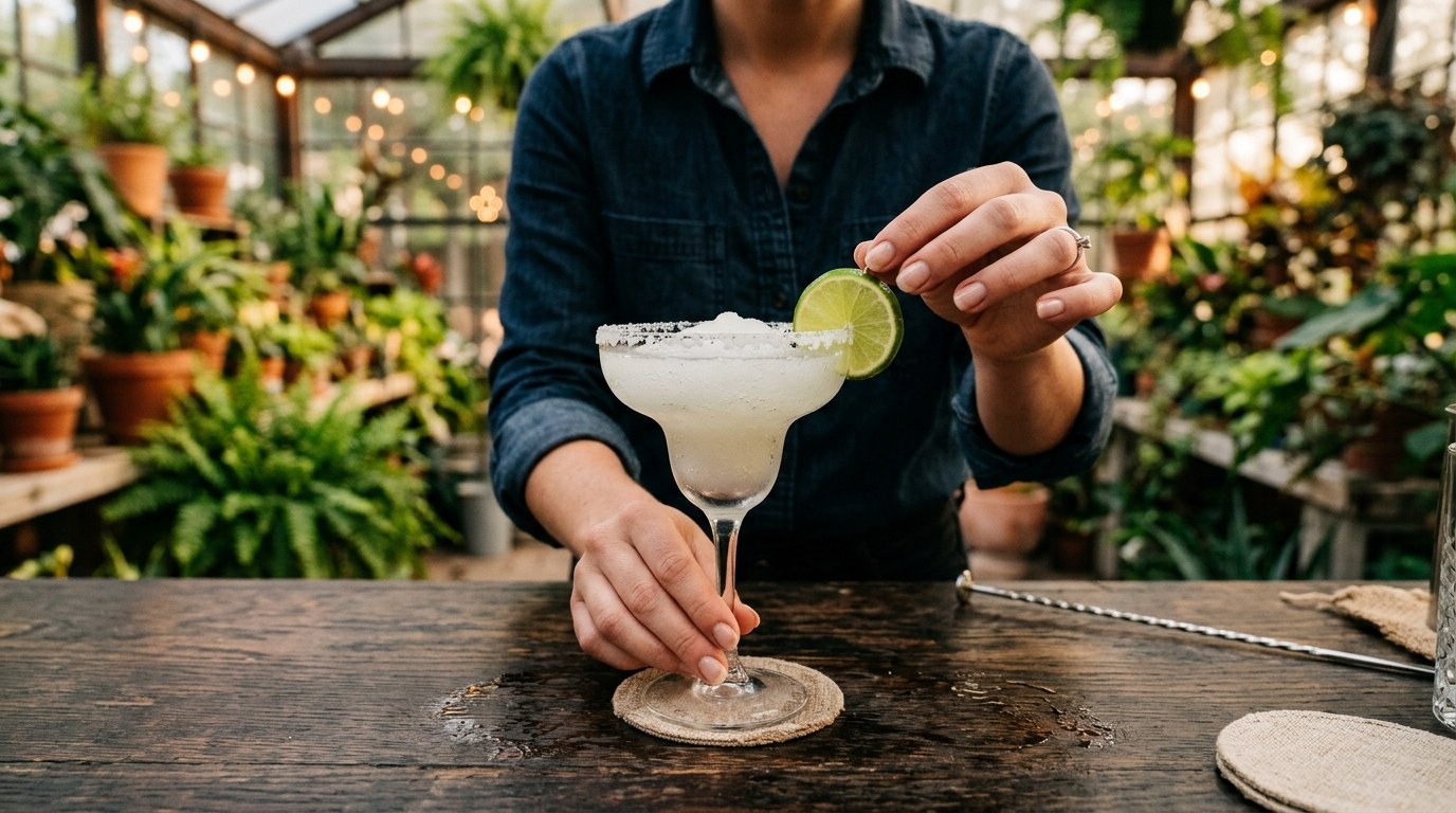 A frozen margarita with a salt rim and lime wedge on a wooden bar top, greenhouse light in the background