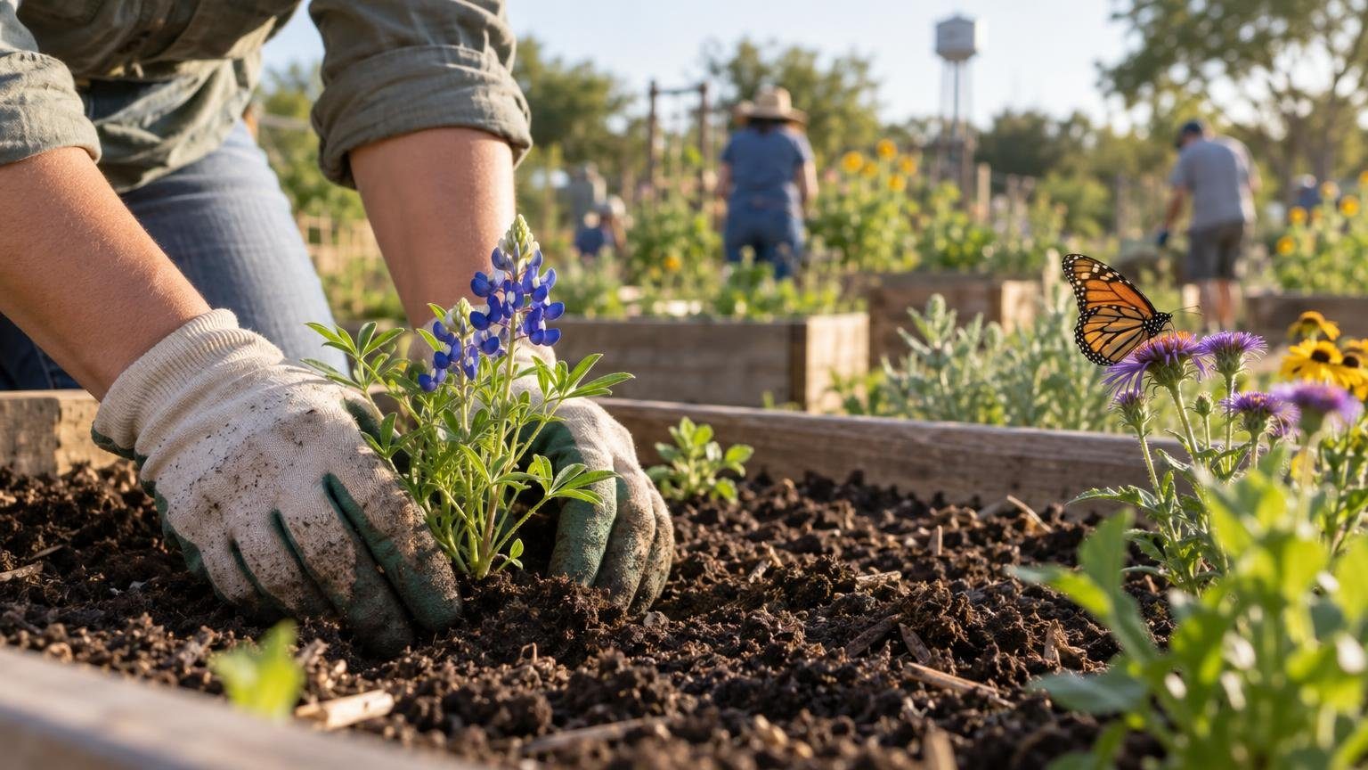 AI illustration of gloved hands planting a wildflower seedling in a community garden bed with a monarch butterfly nearby
