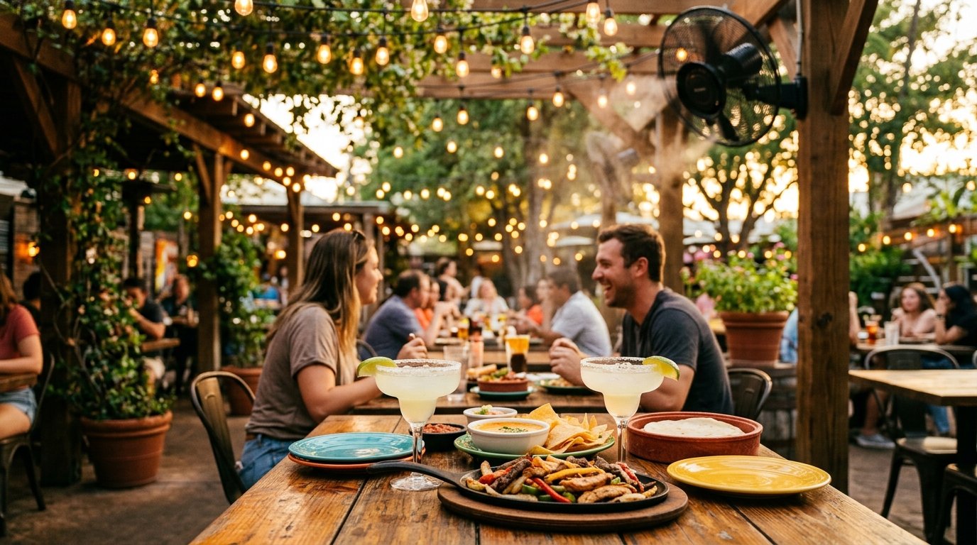 A warm-lit patio dinner on Manor Road before a Moody Center show, margaritas and Tex-Mex plates on the table