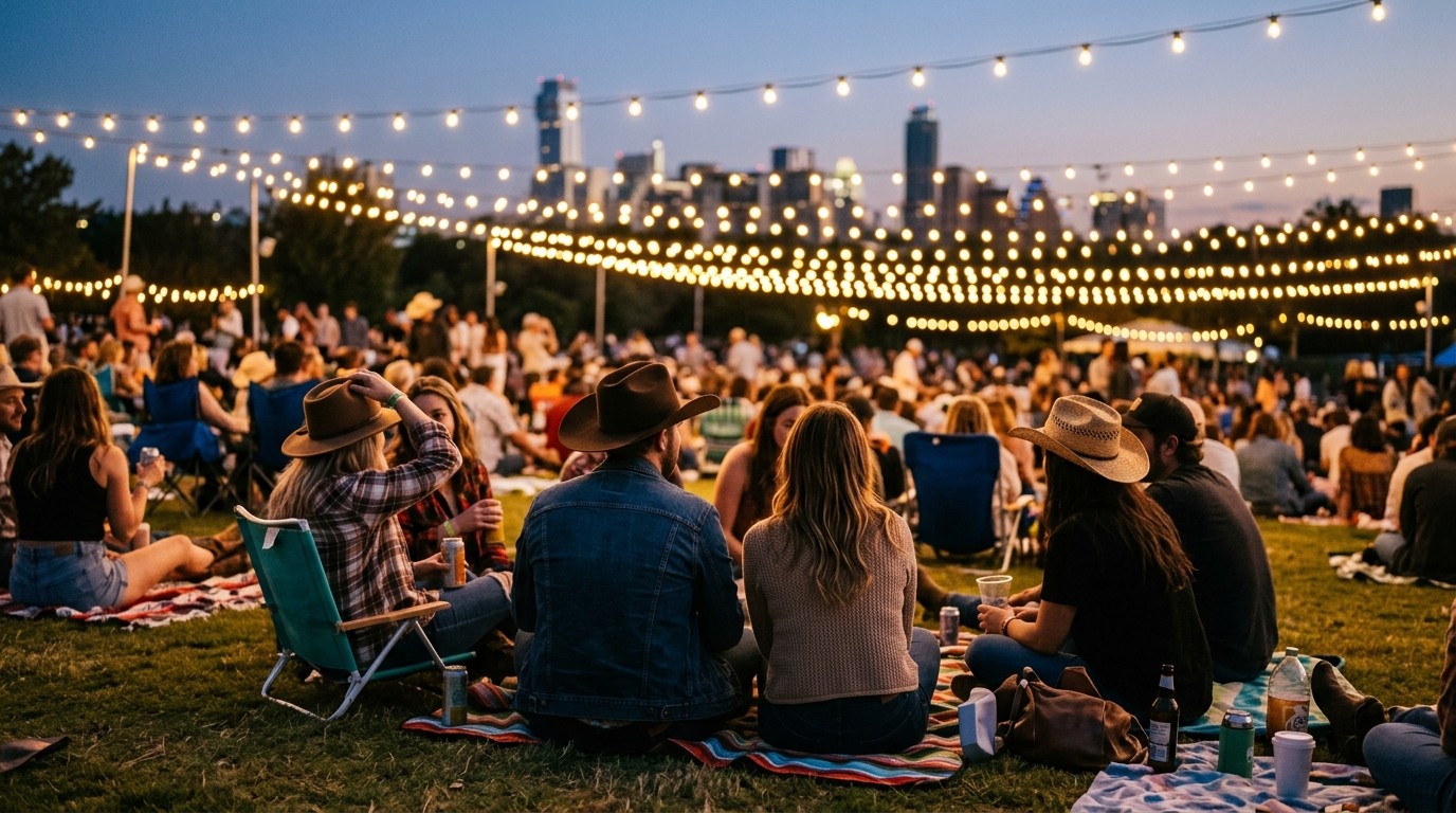 Golden-hour crowd filling the lawn at Moody Amphitheater before a downtown Austin concert