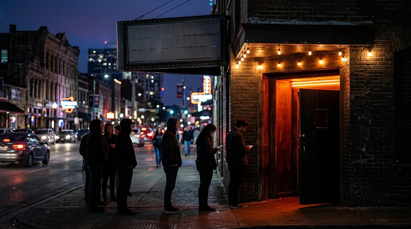 Neon marquee glowing above a downtown Austin nightclub entrance after dark