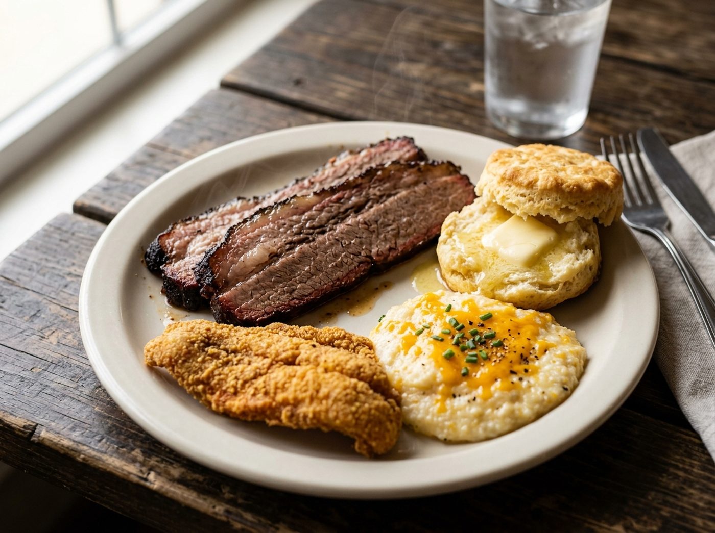 A brunch plate of sliced smoked brisket, fried catfish, cheese grits, and a buttered biscuit