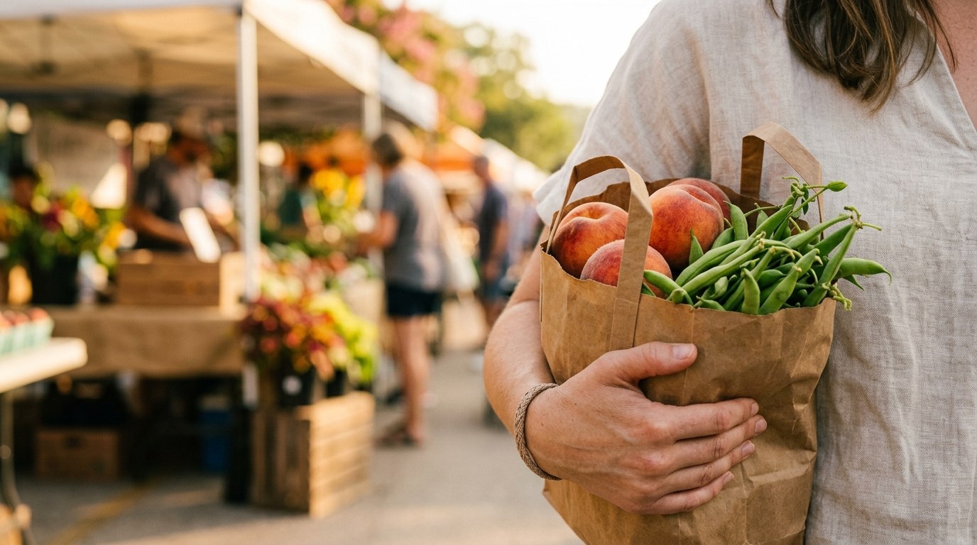 A shopper carries a paper bag of fresh produce past covered market stalls