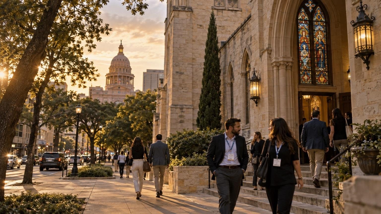 Conference-goers walk toward First Baptist Church downtown with the Texas Capitol dome visible at golden hour