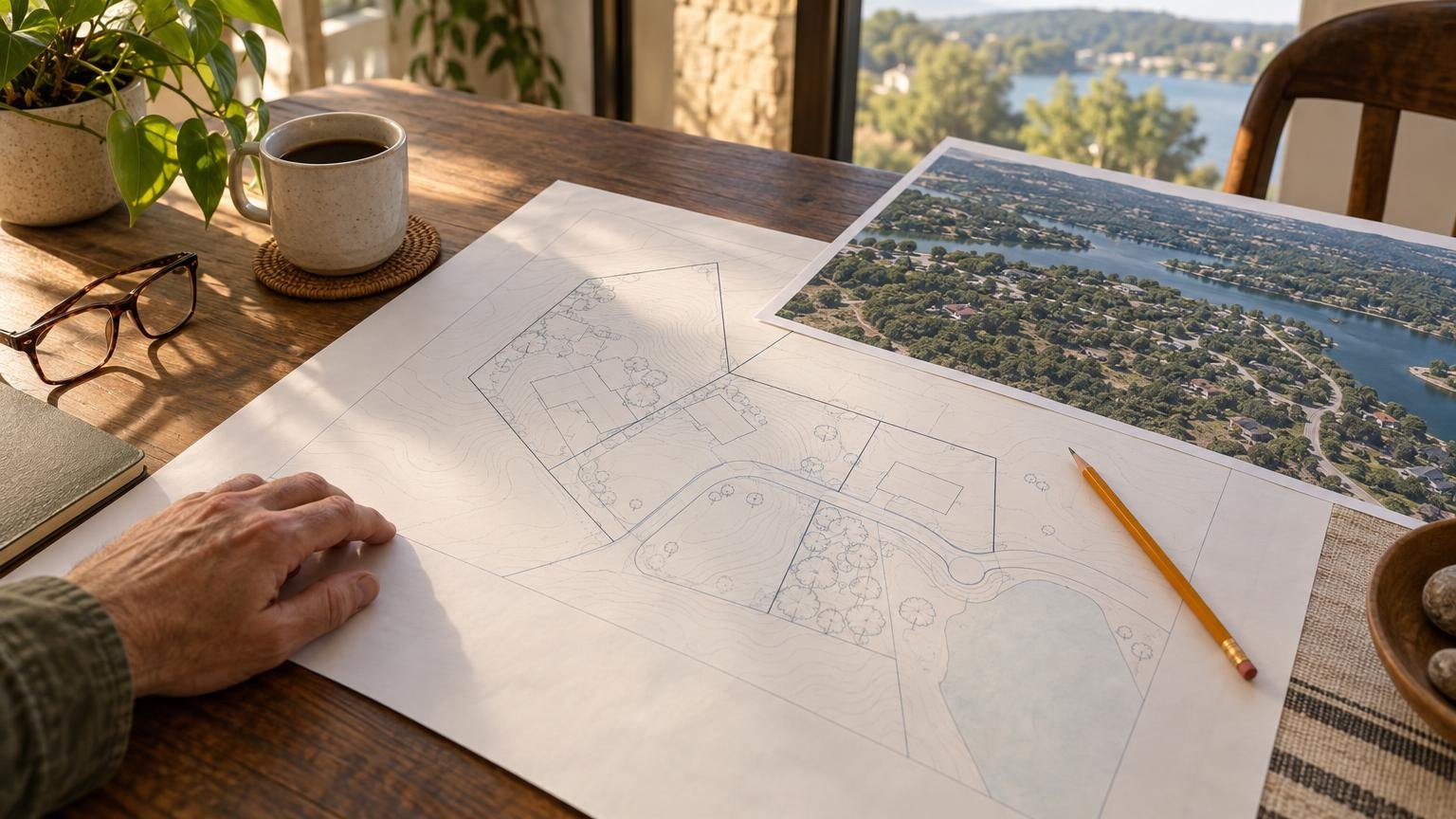 Overhead view of a kitchen table with an unlabeled site-plan sheet, an aerial print, a pencil and coffee (AI illustration)