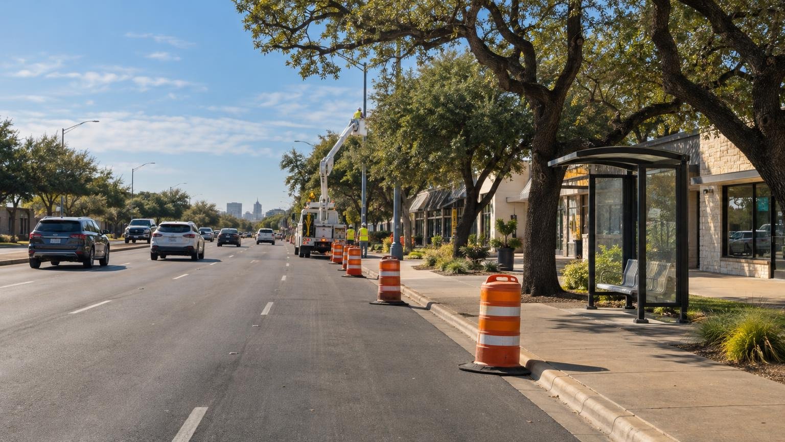 A wide Austin avenue with orange traffic barrels along the curb and a utility crew in the distance (AI illustration)