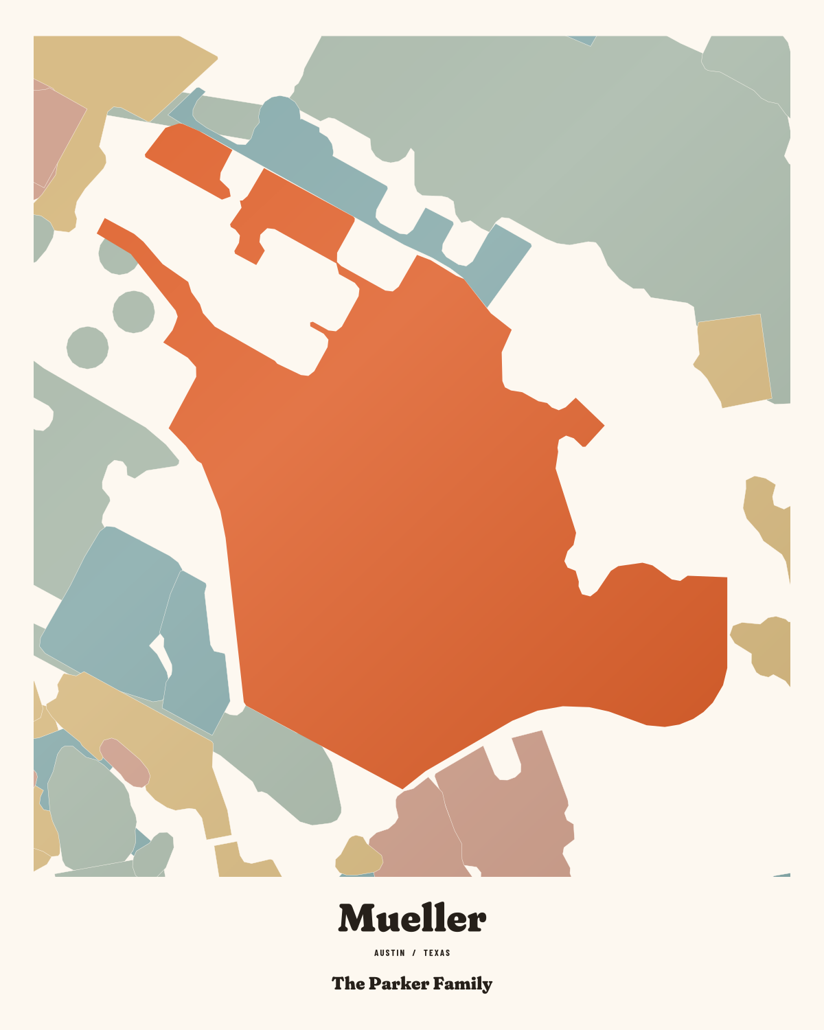 Mueller and its surrounding neighborhoods, composed in color with an example family dedication